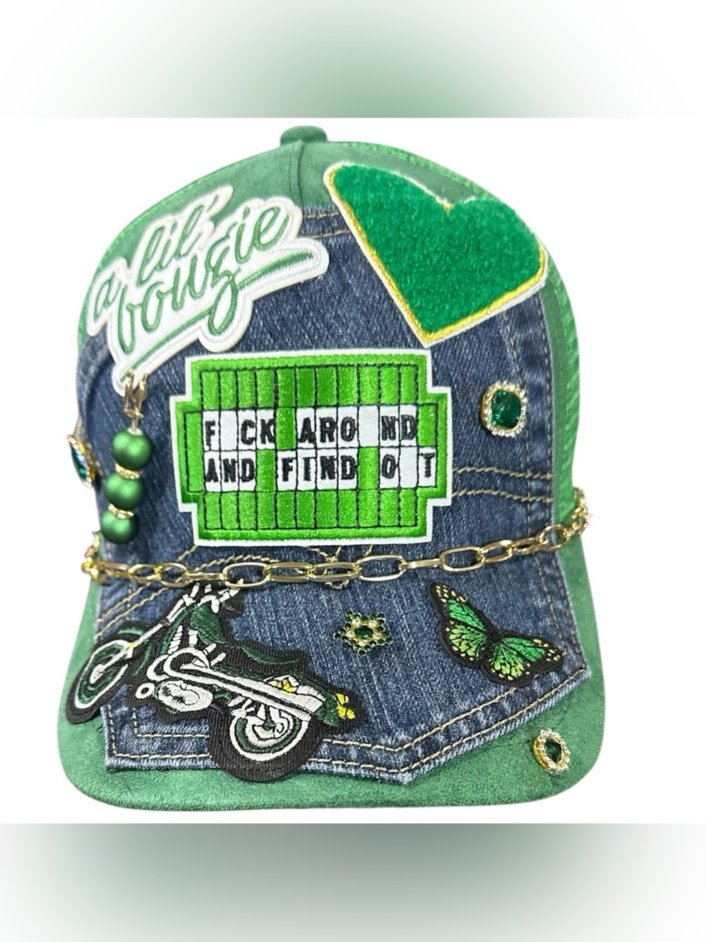 Green Denim Patchwork Embellished Baseball Cap